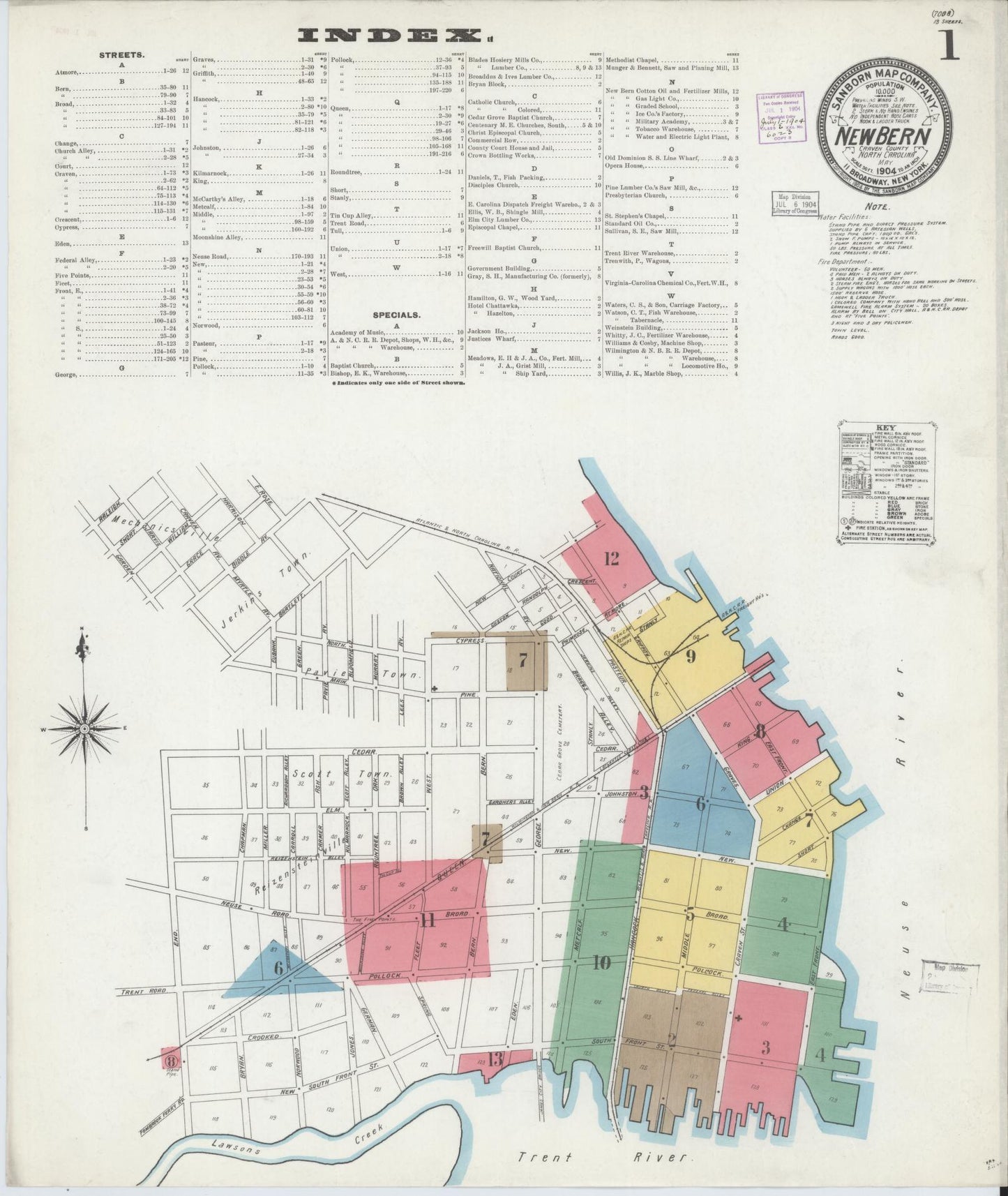 Sanborn Fire Insurance Map from New Bern, Craven County, North Carolina (1904), Sheet #0001 - Historic Sanborn Fire Insurance Map Print, vintage old map wall art, antique decor, genealogy gift, North Carolina North Carolina map