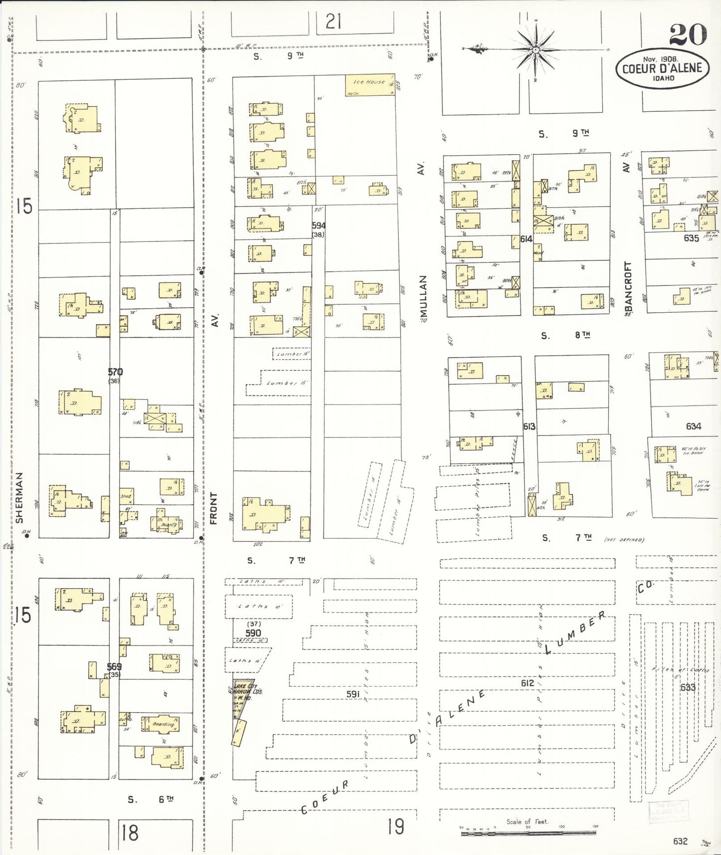 Sanborn Fire Insurance Map from Coeur D'alene, Kootenai County, Idaho (1908), Sheet #0020 - Historic Sanborn Fire Insurance Map Print, vintage old map wall art, antique decor, genealogy gift, Idaho Idaho map
