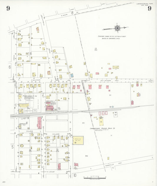 Sanborn Fire Insurance Map from Lawrenceburg, Lawrence County, Tennessee (1939), Sheet #0009 - Historic Sanborn Fire Insurance Map Print, vintage old map wall art, antique decor, genealogy gift, Tennessee Tennessee map