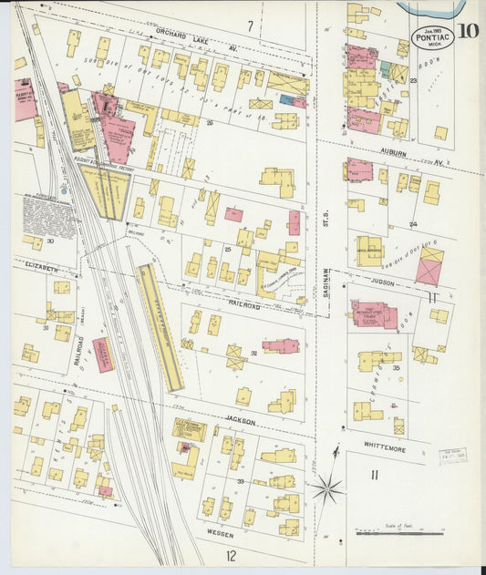 Sanborn Fire Insurance Map from Pontiac, Oakland County, Michigan (1903), Sheet #0010 - Historic Sanborn Fire Insurance Map Print, vintage old map wall art, antique decor, genealogy gift, Michigan Michigan map