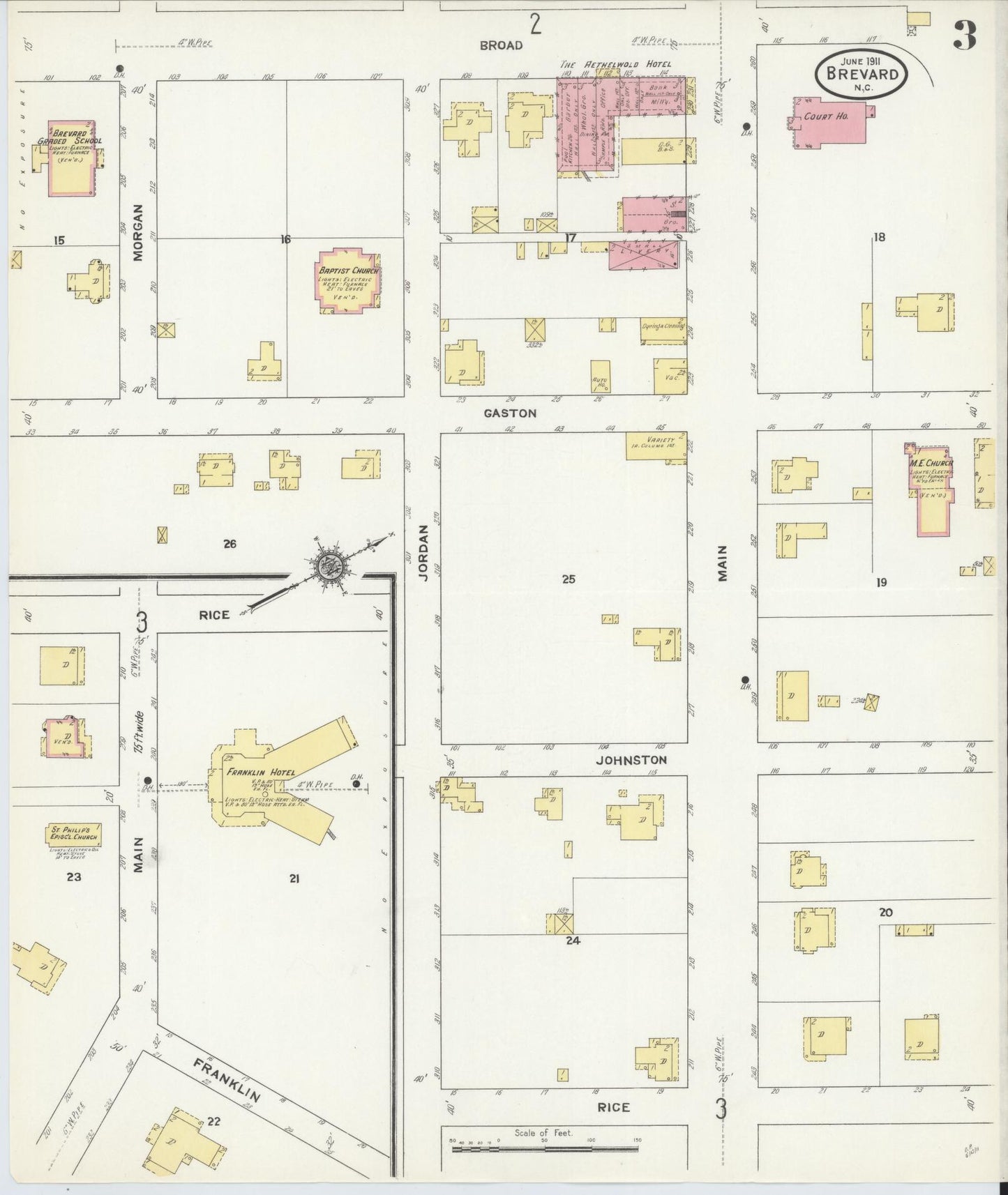 Sanborn Fire Insurance Map from Brevard, Transylvania County, North Carolina (1911), Sheet #0003 - Complete Map Set gallery image, historic Sanborn map, vintage wall art, North Carolina North Carolina