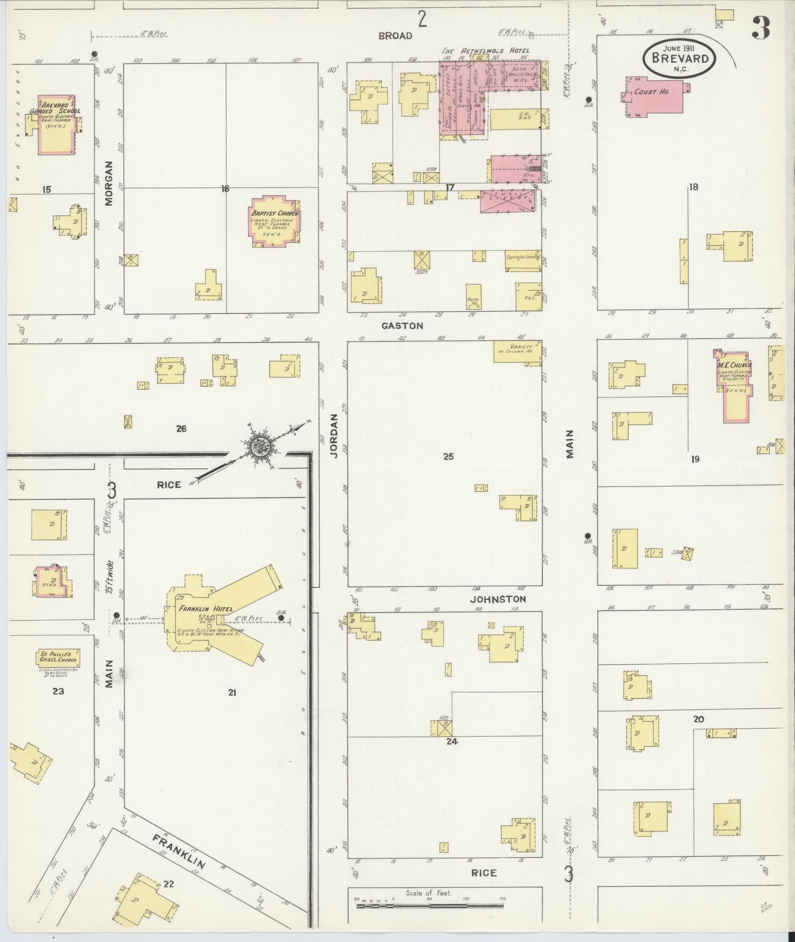 Sanborn Fire Insurance Map from Brevard, Transylvania County, North Carolina (1911), Sheet #0003 - Complete Map Set gallery image, historic Sanborn map, vintage wall art, North Carolina North Carolina