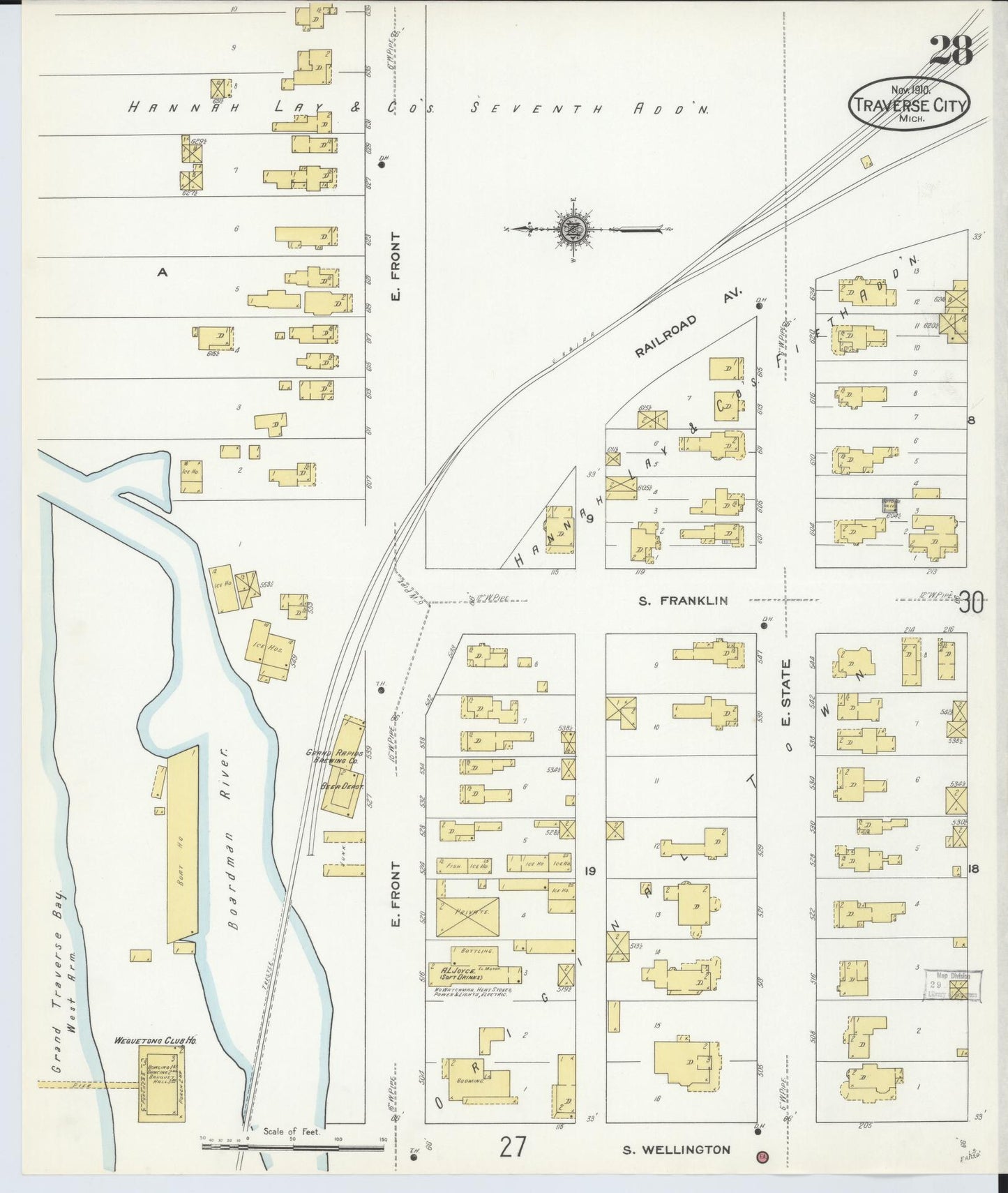 Sanborn Fire Insurance Map from Traverse City, Grand Traverse County, Michigan (1910), Sheet #0028 - Historic Sanborn Fire Insurance Map Print, vintage old map wall art, antique decor, genealogy gift, Michigan Michigan map