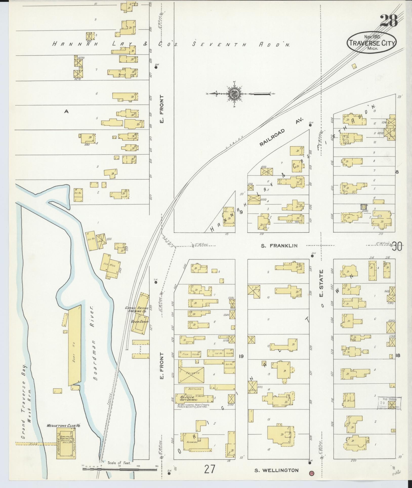Sanborn Fire Insurance Map from Traverse City, Grand Traverse County, Michigan (1910), Sheet #0028 - Historic Sanborn Fire Insurance Map Print, vintage old map wall art, antique decor, genealogy gift, Michigan Michigan map