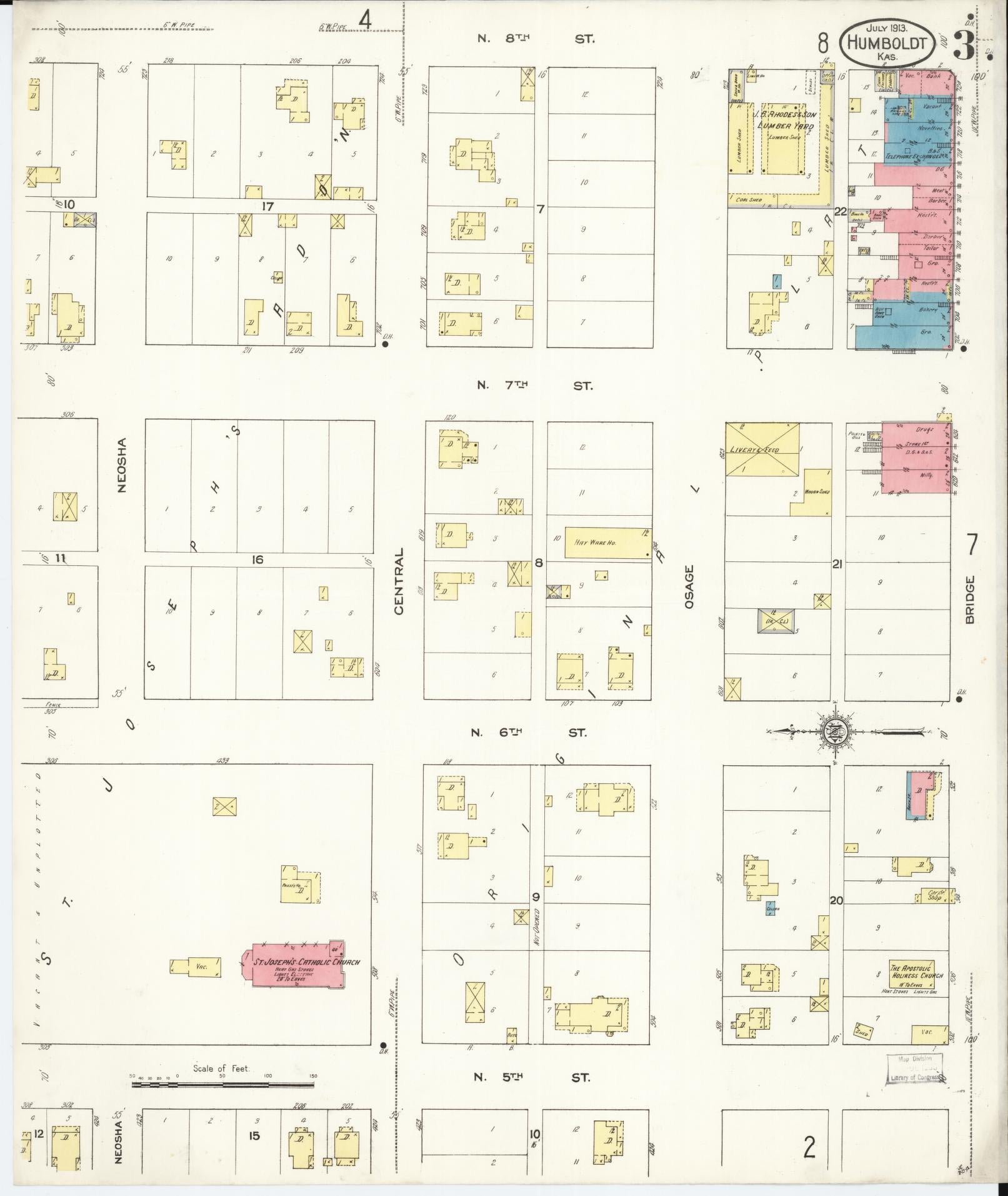 Sanborn Fire Insurance Map from Humboldt, Allen County, Kansas (1913), Sheet #0003 - Historic Sanborn Fire Insurance Map Print, vintage old map wall art, antique decor, genealogy gift, Kansas Kansas map