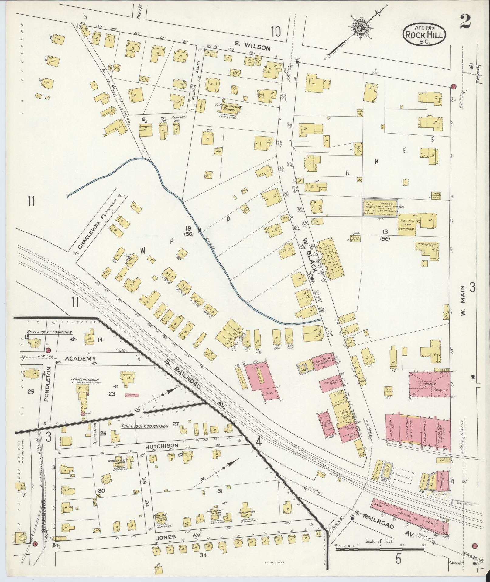 Sanborn Fire Insurance Map from Rock Hill, York County, South Carolina (1916), Sheet #0002 - Complete Map Set gallery image, historic Sanborn map, vintage wall art, South Carolina South Carolina