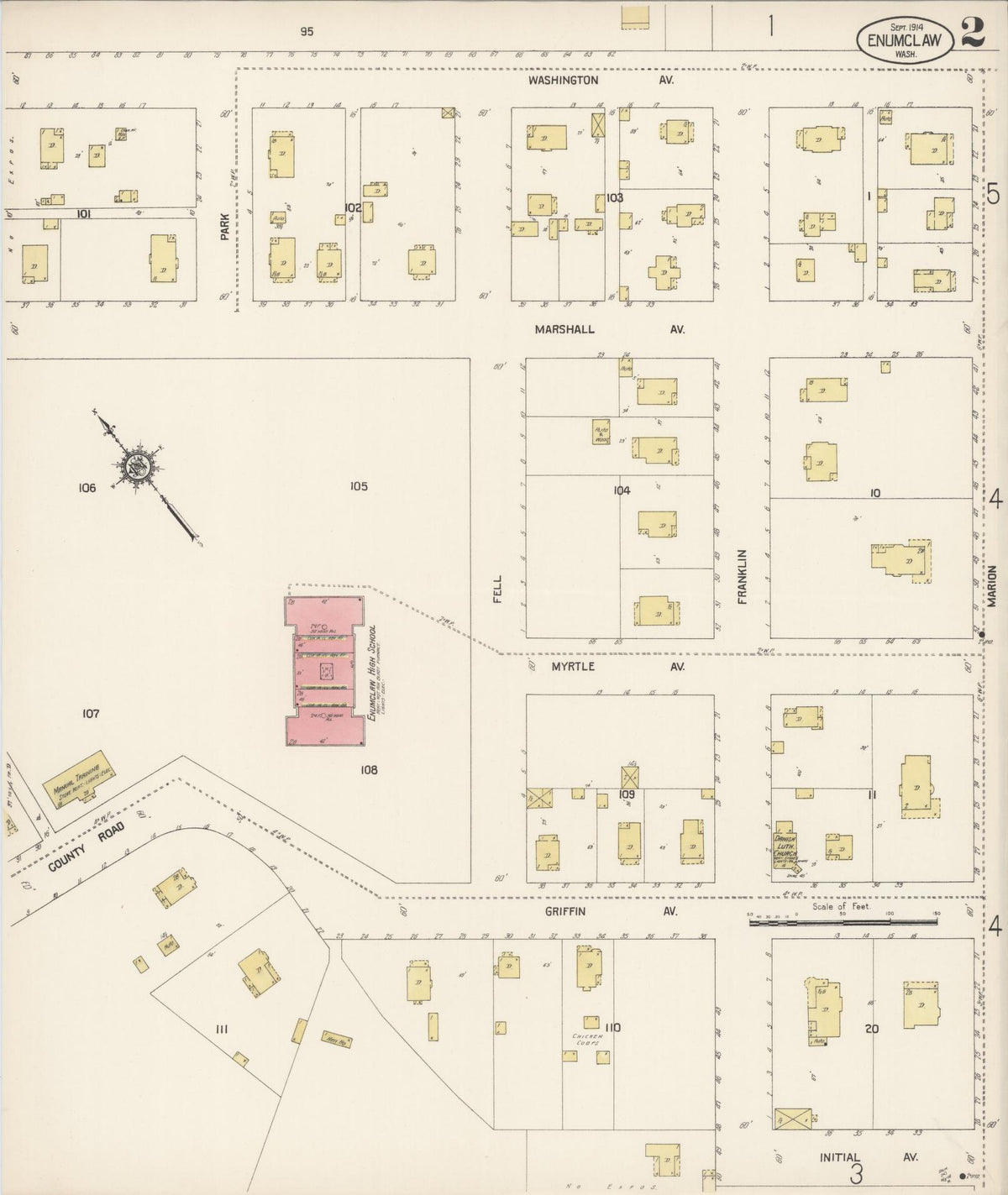 Sanborn Fire Insurance Map from Enumclaw, King County, Washington (1914), Sheet #0002 - Historic Sanborn Fire Insurance Map Print, vintage old map wall art, antique decor, genealogy gift, Washington Washington map