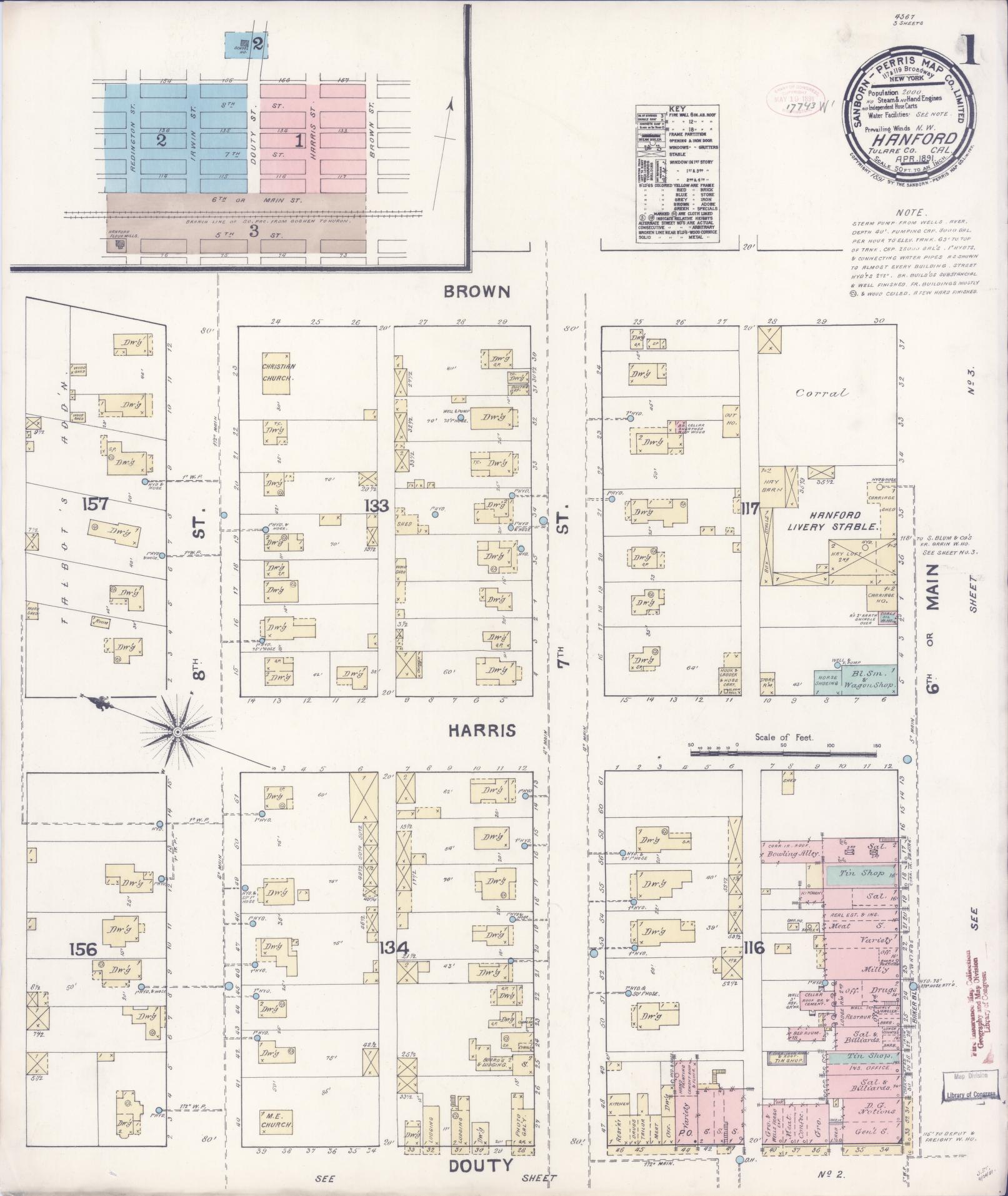 Sanborn Fire Insurance Map from Hanford, Kings County, California (1891), Sheet #0001 - Historic Sanborn Fire Insurance Map Print, vintage old map wall art, antique decor, genealogy gift, California California map