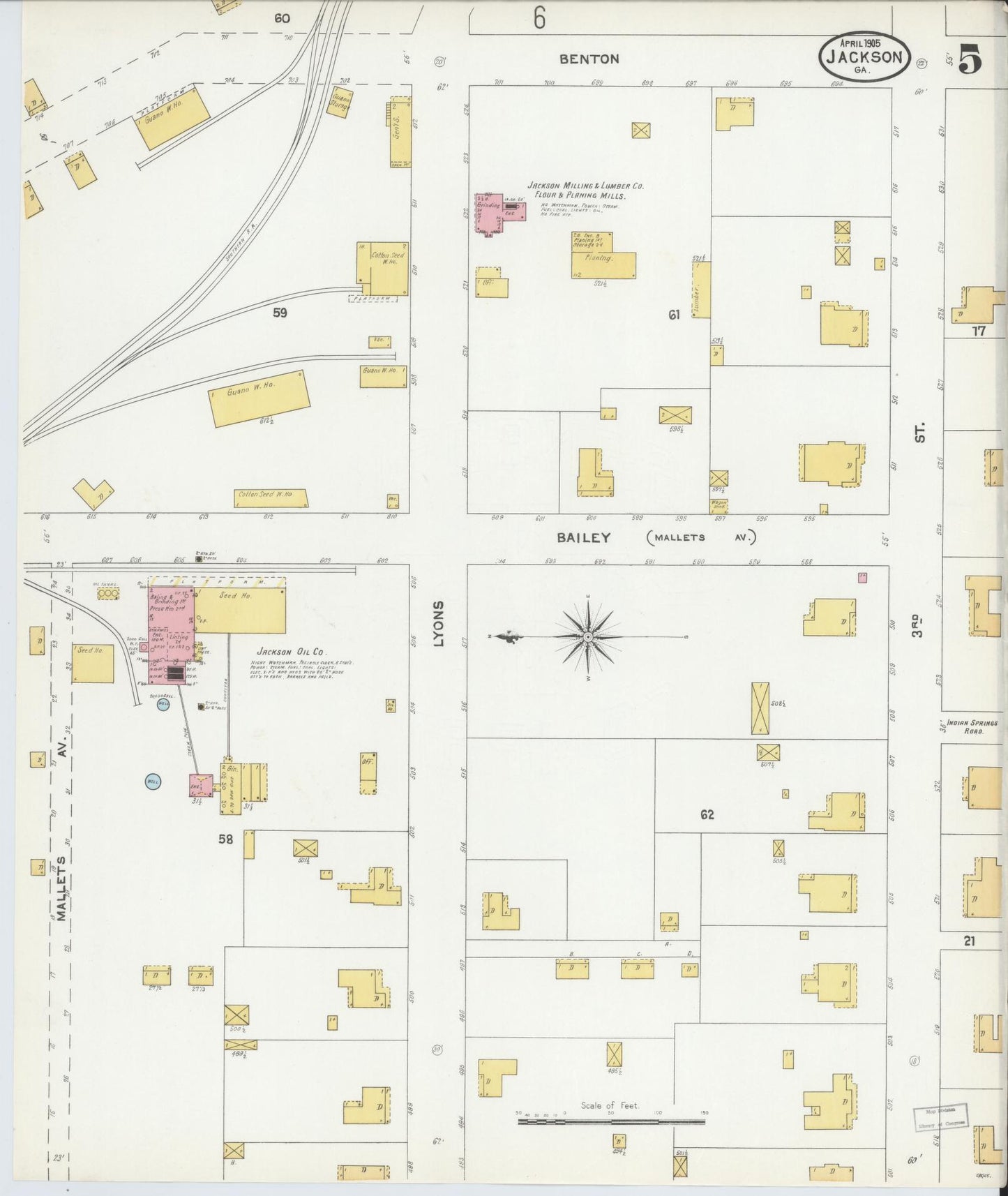 Sanborn Fire Insurance Map from Jackson, Butts County, Georgia (1905), Sheet #0005 - Historic Sanborn Fire Insurance Map Print, vintage old map wall art, antique decor, genealogy gift, Georgia Georgia map