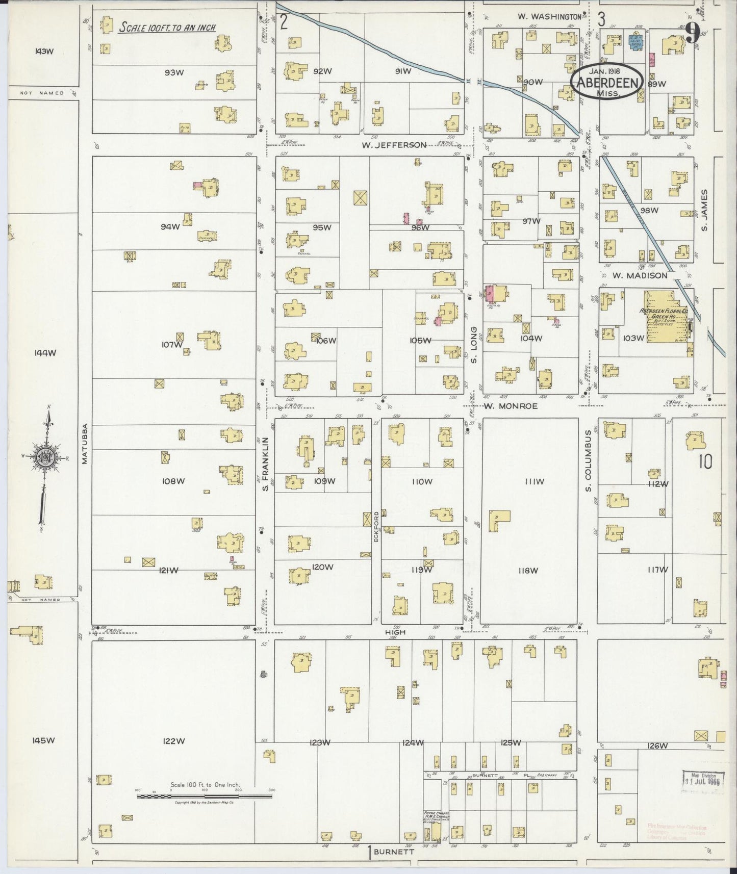 Sanborn Fire Insurance Map from Aberdeen, Monroe County, Mississippi (1918), Sheet #0009 - Historic Sanborn Fire Insurance Map Print, vintage old map wall art, antique decor, genealogy gift, Mississippi Mississippi map