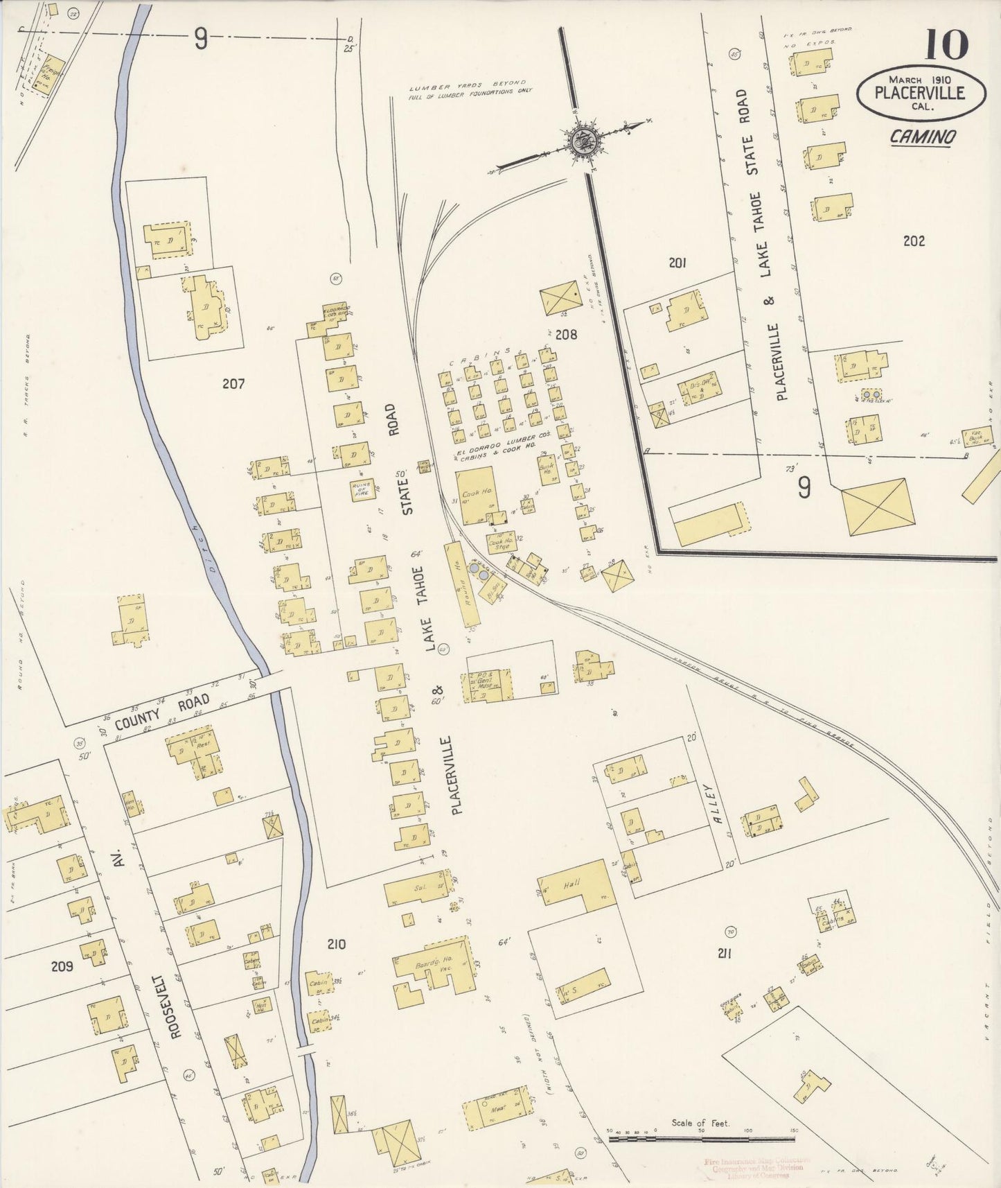 Sanborn Fire Insurance Map from Placerville, El Dorado County, California (1910), Sheet #0010 - Complete Map Set gallery image, historic Sanborn map, vintage wall art, California California
