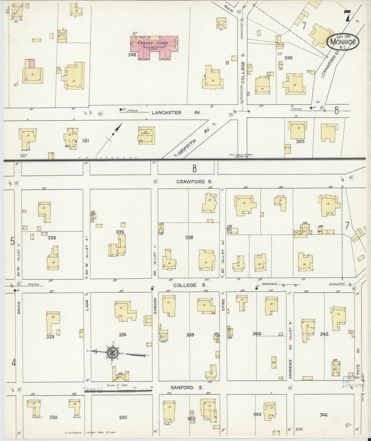 Sanborn Fire Insurance Map from Monroe, Union County, North Carolina (1914), Sheet #0007 - Complete Map Set gallery image, historic Sanborn map, vintage wall art, North Carolina North Carolina