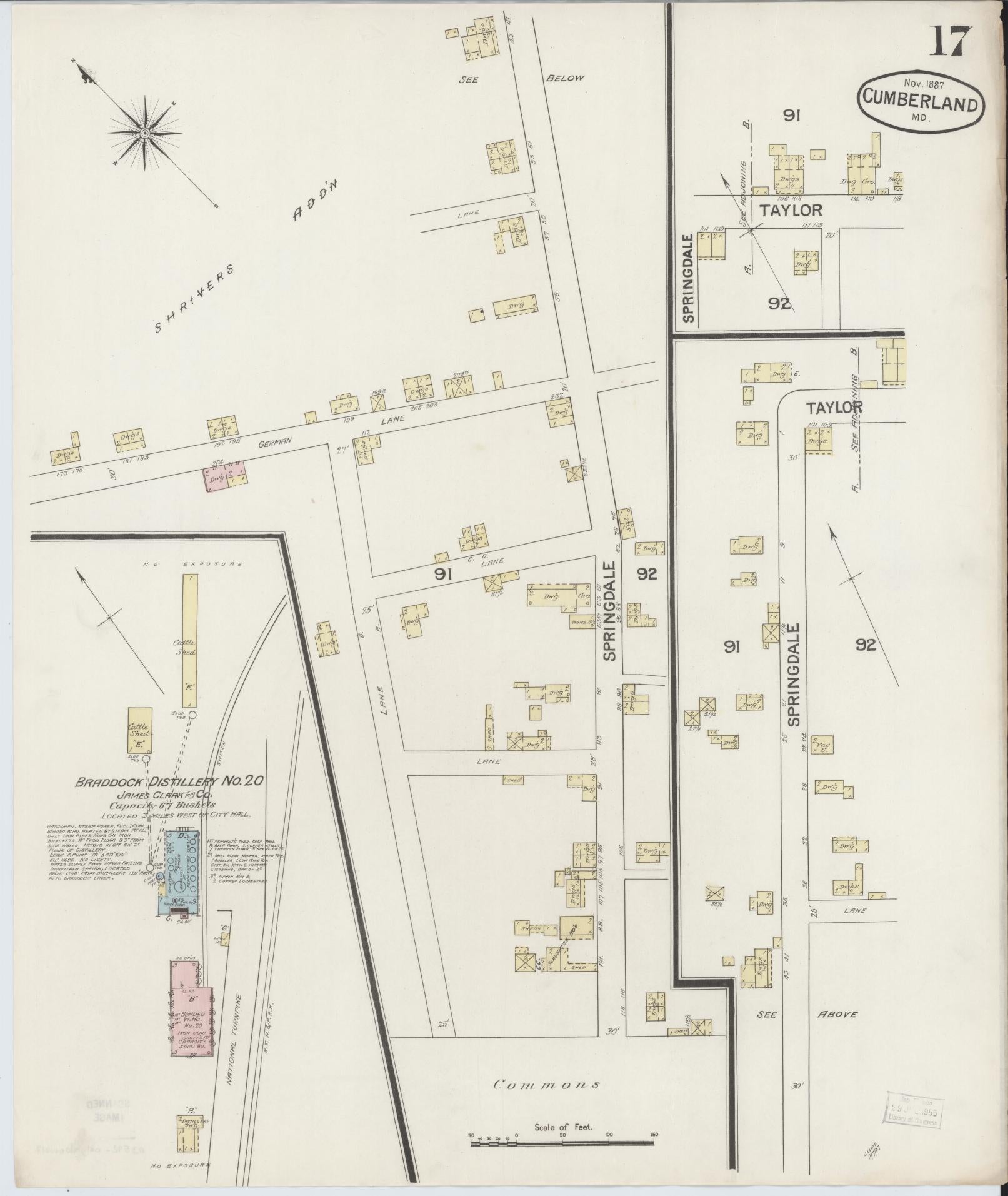 Sanborn Fire Insurance Map from Cumberland, Allegany County, Maryland (1887), Sheet #0017 - Historic Sanborn Fire Insurance Map Print, vintage old map wall art, antique decor, genealogy gift, Maryland Maryland map