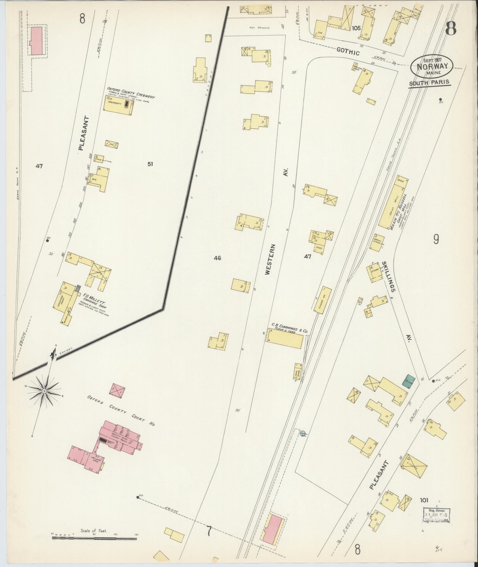Sanborn Fire Insurance Map from Norway, Oxford County, Maine (1907), Sheet #0008 - Complete Map Set gallery image, historic Sanborn map, vintage wall art, Maine Maine