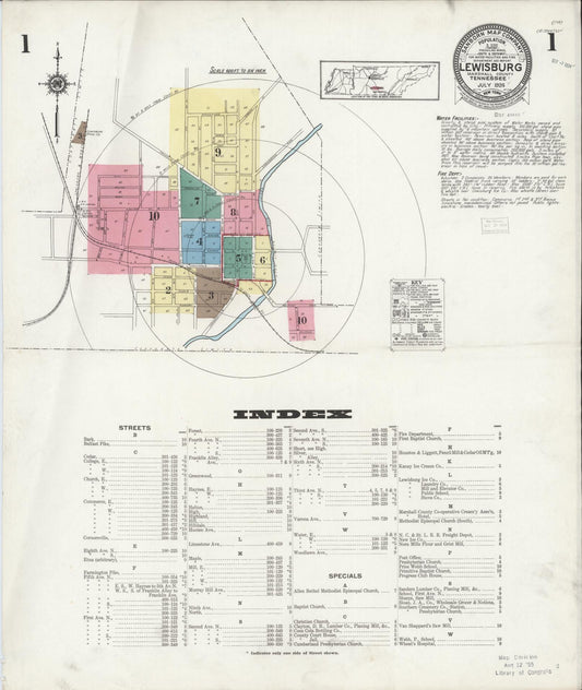 Sanborn Fire Insurance Map from Lewisburg, Marshall County, Tennessee (1924), Sheet #0001 - Historic Sanborn Fire Insurance Map Print, vintage old map wall art, antique decor, genealogy gift, Tennessee Tennessee map