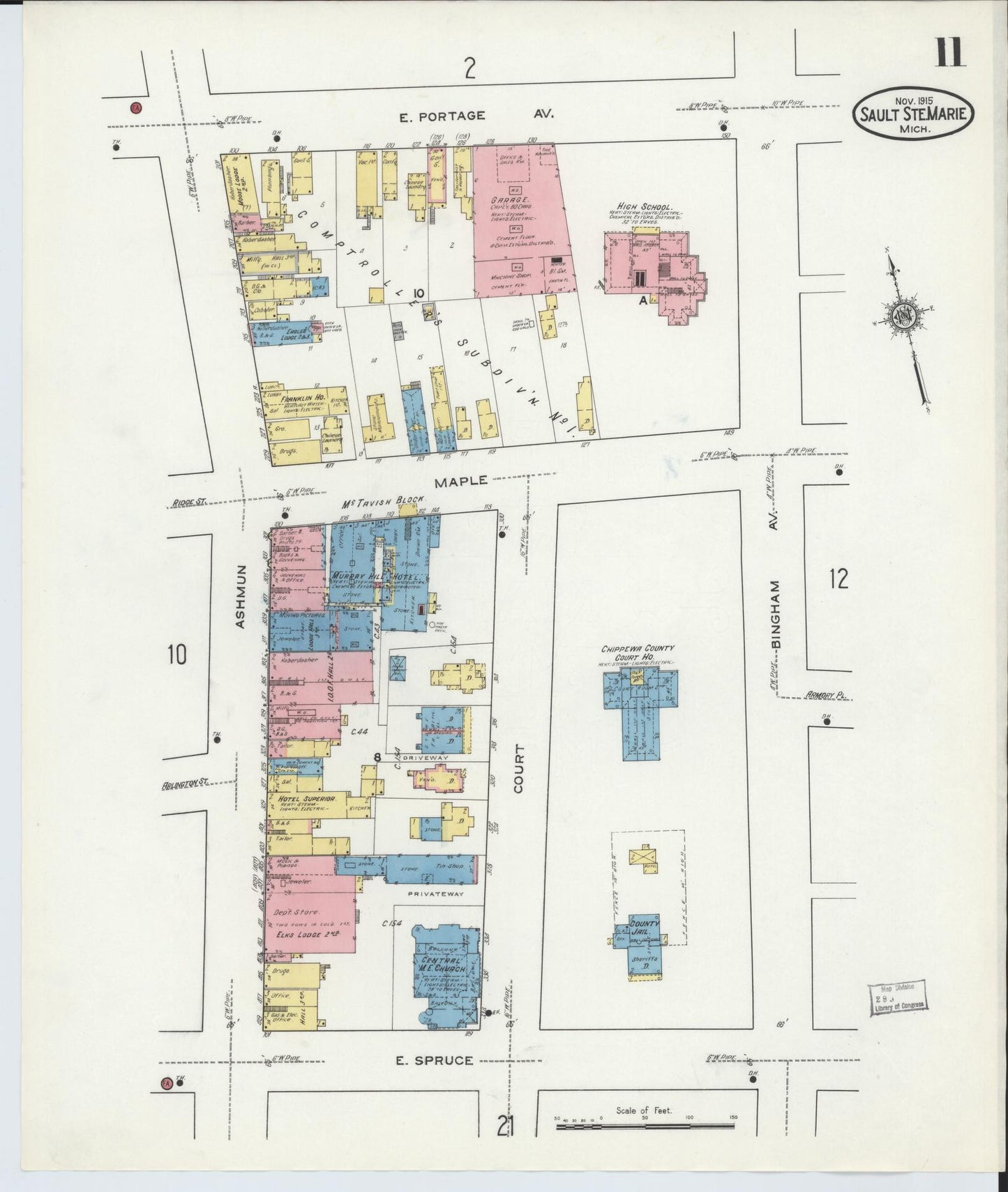 Sanborn Fire Insurance Map from Sault Sainte Marie, Chippewa County, Michigan (1915), Sheet #0011 - Historic Sanborn Fire Insurance Map Print, vintage old map wall art, antique decor, genealogy gift, Michigan Michigan map