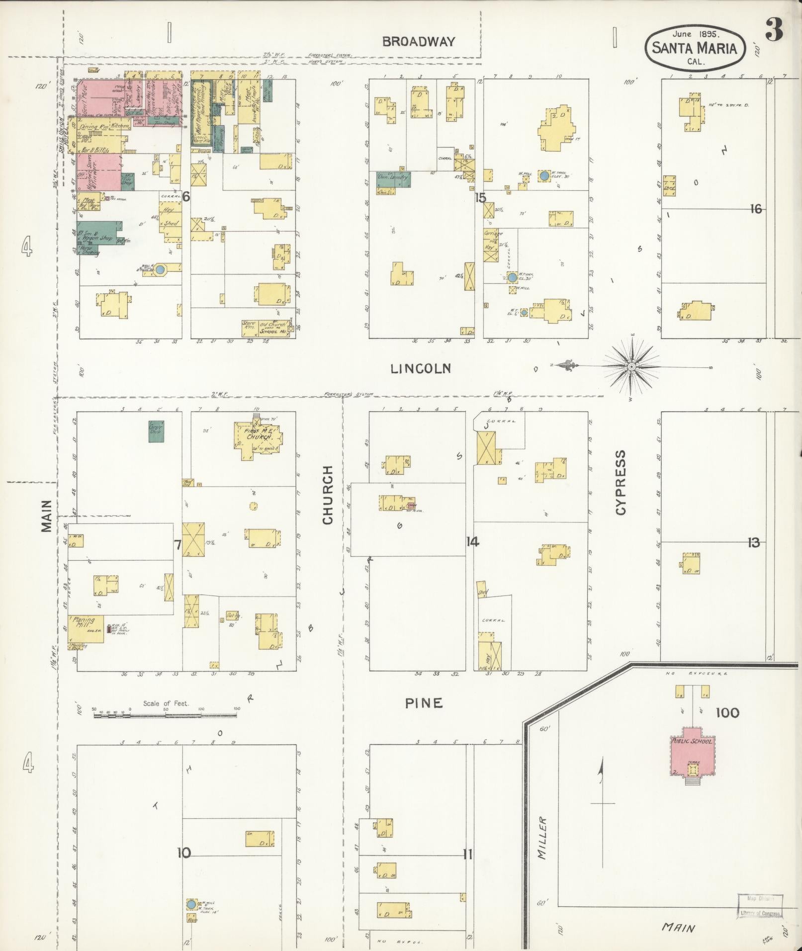 Sanborn Fire Insurance Map from Santa Maria, Santa Barbara County, California (1895), Sheet #0003 - Complete Map Set gallery image, historic Sanborn map, vintage wall art, California California