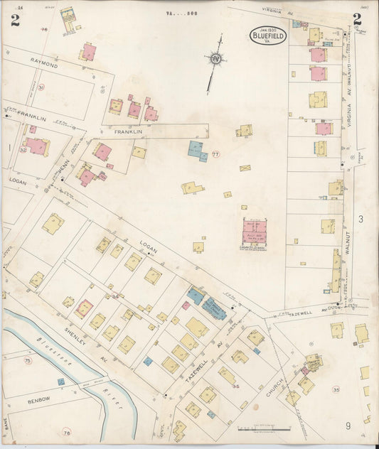 Sanborn Fire Insurance Map from Bluefield, Tazewell County, Virginia (1930), Sheet #0002 - Historic Sanborn Fire Insurance Map Print, vintage old map wall art, antique decor, genealogy gift, Virginia Virginia map