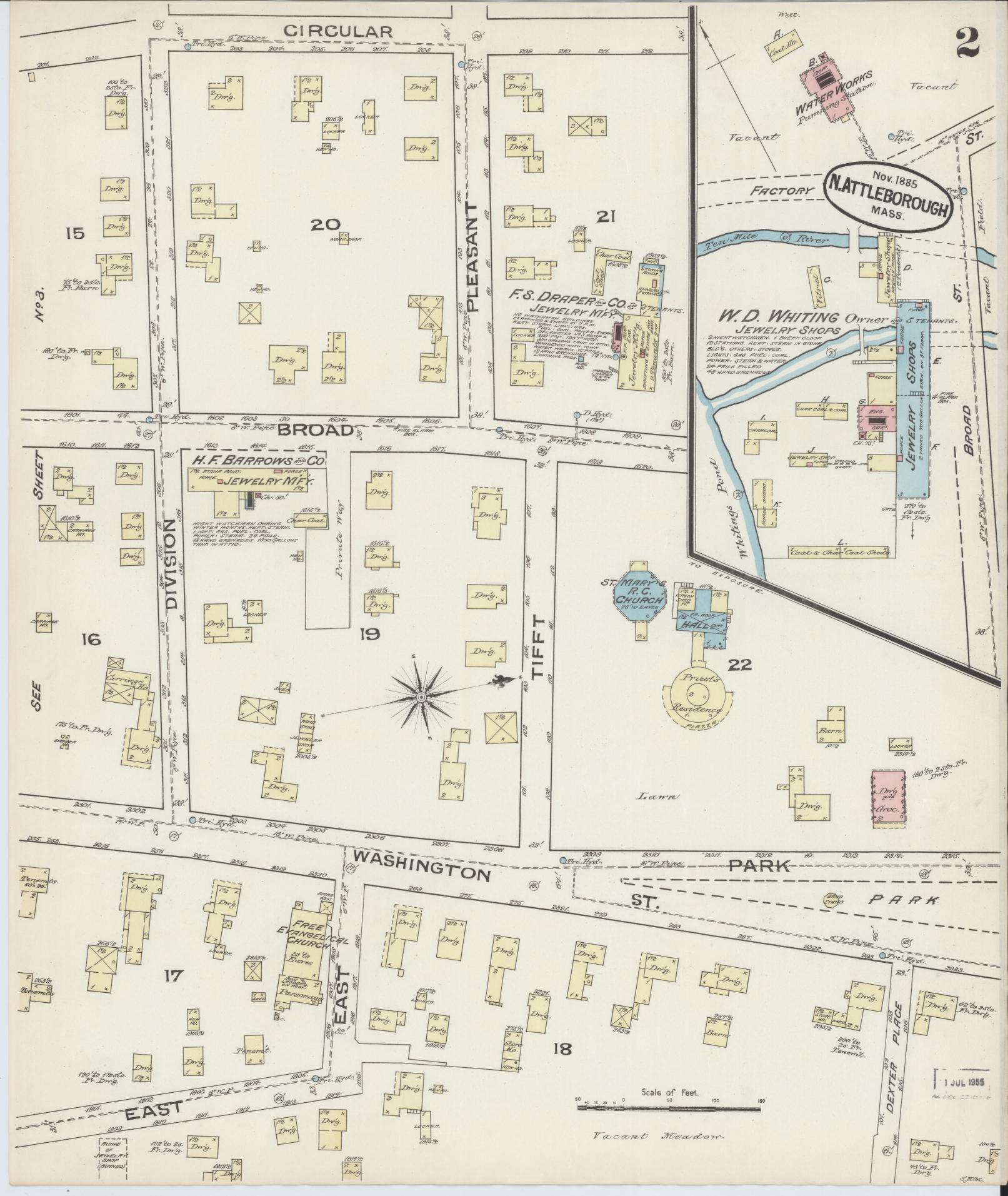 Sanborn Fire Insurance Map from North Attleborough, Bristol County, Massachusetts (1885), Sheet #0002 - Historic Sanborn Fire Insurance Map Print, vintage old map wall art, antique decor, genealogy gift, Massachusetts Massachusetts map