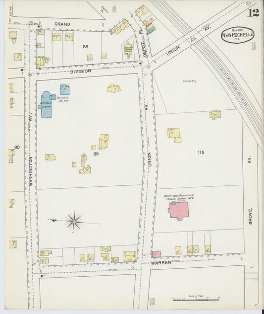 Sanborn Fire Insurance Map from New Rochelle, Westchester County, New York (1892), Sheet #0012 - Historic Sanborn Fire Insurance Map Print, vintage old map wall art, antique decor, genealogy gift, New York New York map