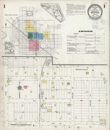 Sanborn Fire Insurance Map from Apopka, Orange County, Florida (1924), Sheet #0001 - Historic Sanborn Fire Insurance Map Print, vintage old map wall art, antique decor, genealogy gift, Florida Florida map
