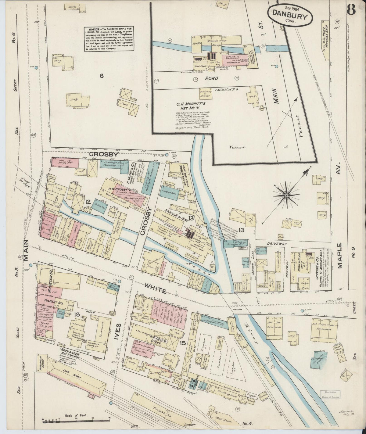 Sanborn Fire Insurance Map from Danbury, Fairfield County, Connecticut (1884), Sheet #0008 - Historic Sanborn Fire Insurance Map Print, vintage old map wall art, antique decor, genealogy gift, Connecticut Connecticut map