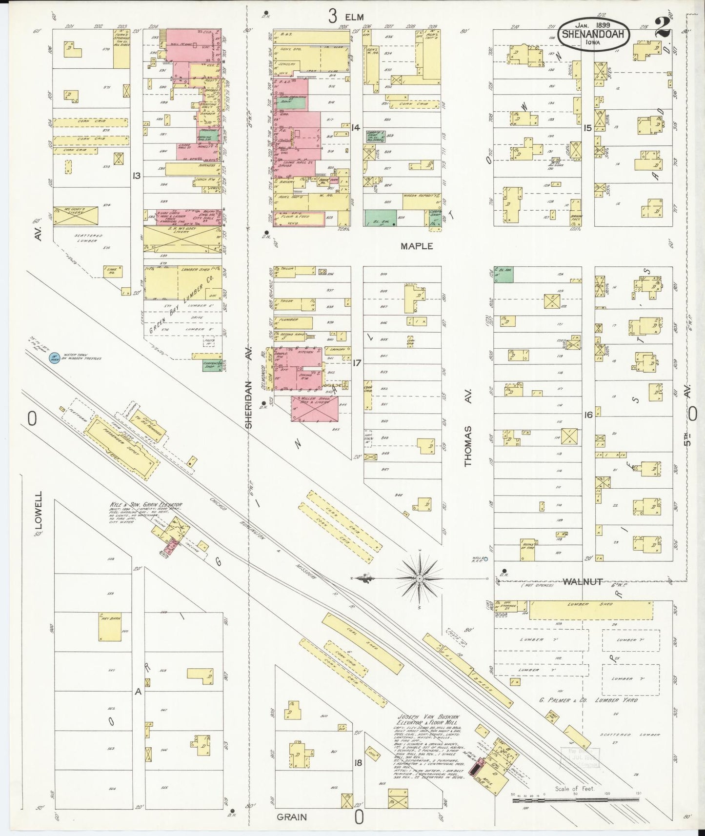 Sanborn Fire Insurance Map from Shenandoah, Page County, Iowa (1899), Sheet #0002 - Historic Sanborn Fire Insurance Map Print, vintage old map wall art