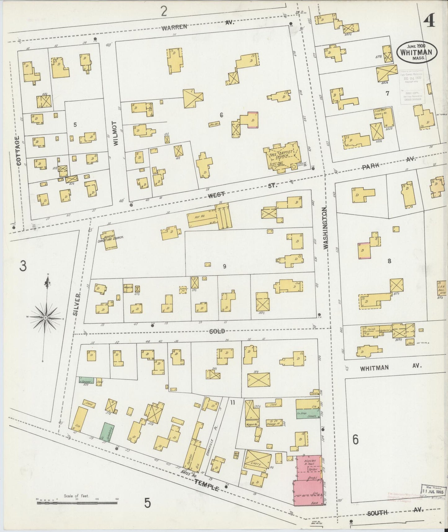 Sanborn Fire Insurance Map from Whitman, Plymouth County, Massachusetts (1900), Sheet #0004 - Complete Map Set gallery image, historic Sanborn map, vintage wall art, Massachusetts Massachusetts