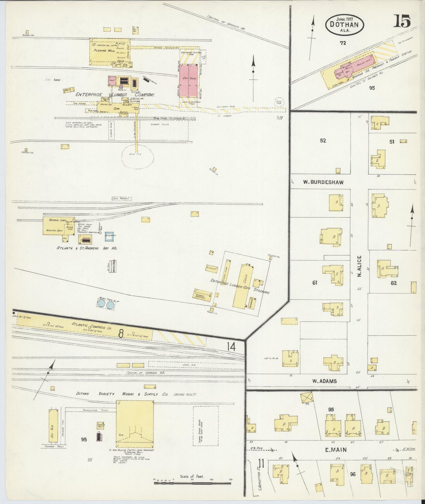 Sanborn Fire Insurance Map from Dothan, Houston County, Alabama (1907), Sheet #0015 - Complete Map Set gallery image, historic Sanborn map, vintage wall art, Alabama Alabama