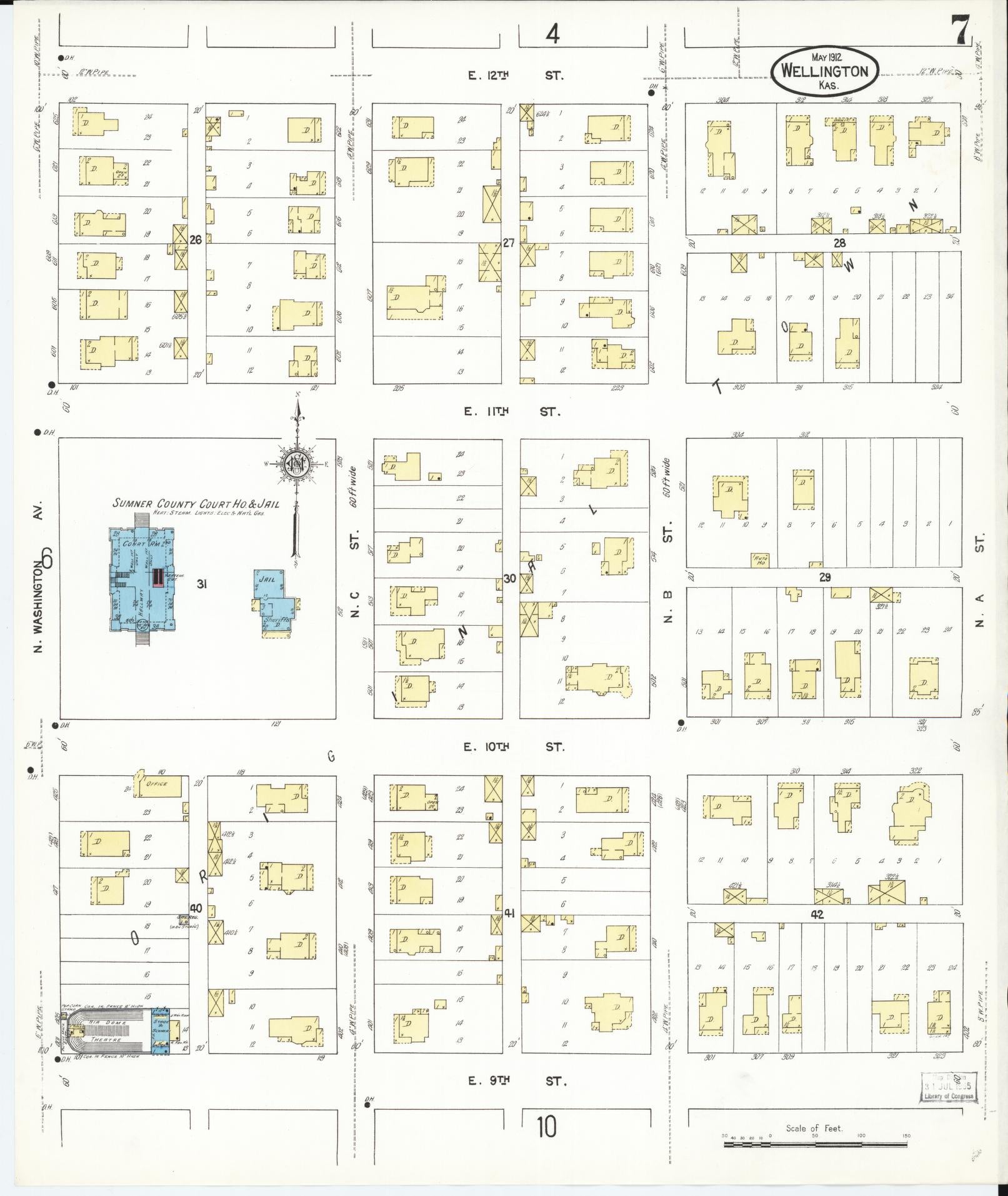 Sanborn Fire Insurance Map from Wellington, Sumner County, Kansas (1912), Sheet #0007 - Historic Sanborn Fire Insurance Map Print, vintage old map wall art, antique decor, genealogy gift, Kansas Kansas map