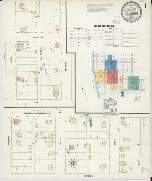 Sanborn Fire Insurance Map from Oquawka, Henderson County, Illinois (1907), Sheet #0001 - Complete Map Set gallery image, historic Sanborn map, vintage wall art, Illinois Illinois