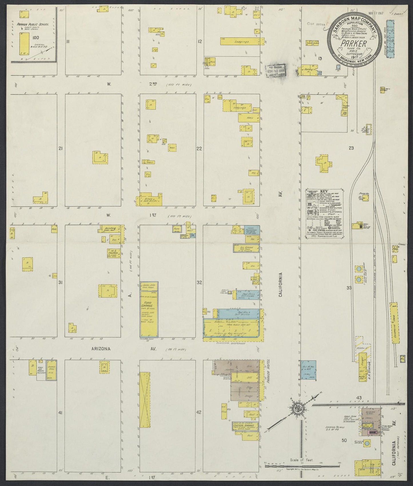 Sanborn Fire Insurance Map from Parker, Yuma County, Arizona (1917), Sheet #0001 - Historic Sanborn Fire Insurance Map Print, vintage old map wall art, antique decor, genealogy gift, Arizona Arizona map