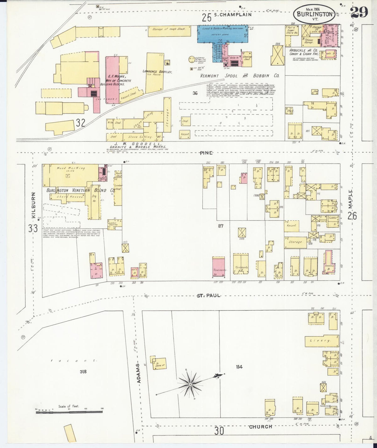 Sanborn Fire Insurance Map from Burlington, Chittenden County, Vermont (1906), Sheet #0029 - Historic Sanborn Fire Insurance Map Print, vintage old map wall art, antique decor, genealogy gift, Vermont Vermont map
