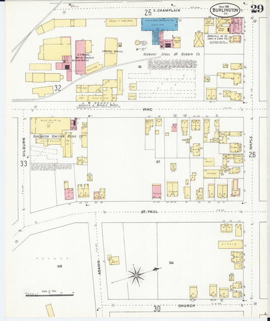 Sanborn Fire Insurance Map from Burlington, Chittenden County, Vermont (1906), Sheet #0029 - Historic Sanborn Fire Insurance Map Print, vintage old map wall art, antique decor, genealogy gift, Vermont Vermont map