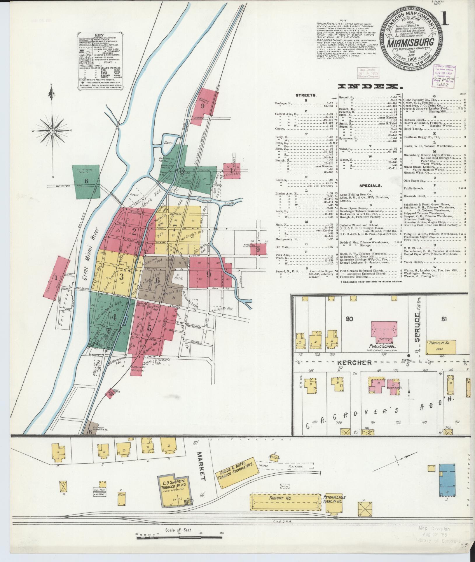 Sanborn Fire Insurance Map from Miamisburg, Montgomery County, Ohio (1905), Sheet #0001 - Historic Sanborn Fire Insurance Map Print, vintage old map wall art, antique decor, genealogy gift, Ohio Ohio map