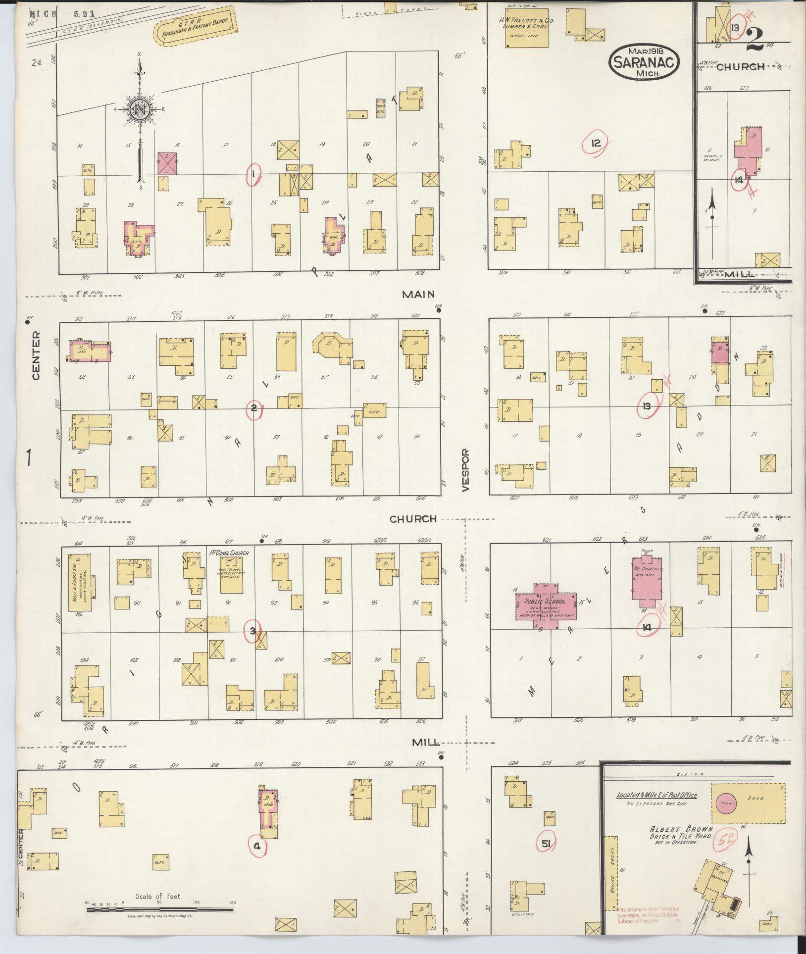Sanborn Fire Insurance Map from Saranac, Ionia County, Michigan (1918), Sheet #0002 - Complete Map Set gallery image, historic Sanborn map, vintage wall art, Michigan Michigan