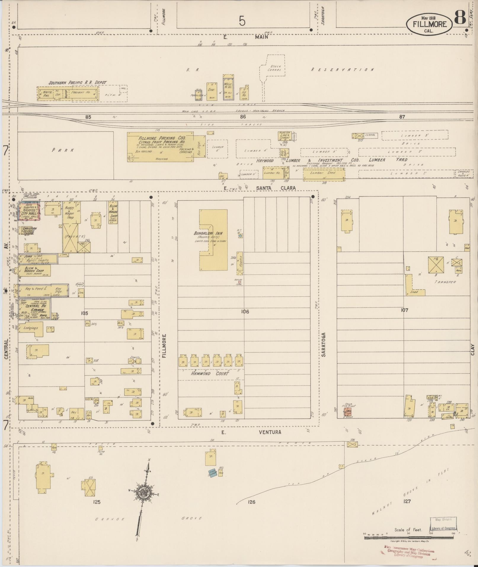 Sanborn Fire Insurance Map from Fillmore, Ventura County, California (1918), Sheet #0008 - Complete Map Set gallery image, historic Sanborn map, vintage wall art, California California