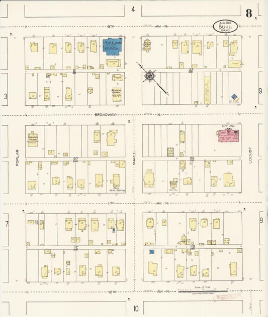 Sanborn Fire Insurance Map from Buhl, Twin Falls County, Idaho (1922), Sheet #0008 - Historic Sanborn Fire Insurance Map Print, vintage old map wall art, antique decor, genealogy gift, Falls Idaho map