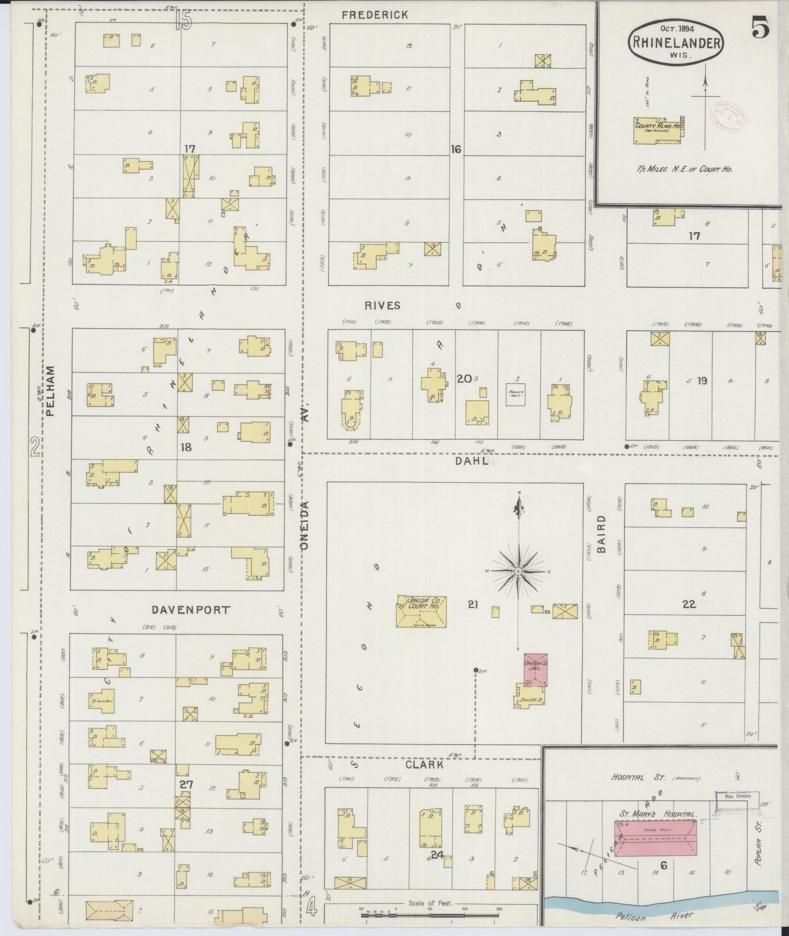 Sanborn Fire Insurance Map from Rhinelander, Oneida County, Wisconsin (1894), Sheet #0005 - Historic Sanborn Fire Insurance Map Print, vintage old map wall art, antique decor, genealogy gift, Wisconsin Wisconsin map