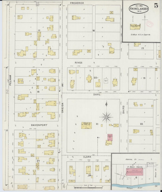 Sanborn Fire Insurance Map from Rhinelander, Oneida County, Wisconsin (1894), Sheet #0005 - Historic Sanborn Fire Insurance Map Print, vintage old map wall art, antique decor, genealogy gift, Wisconsin Wisconsin map