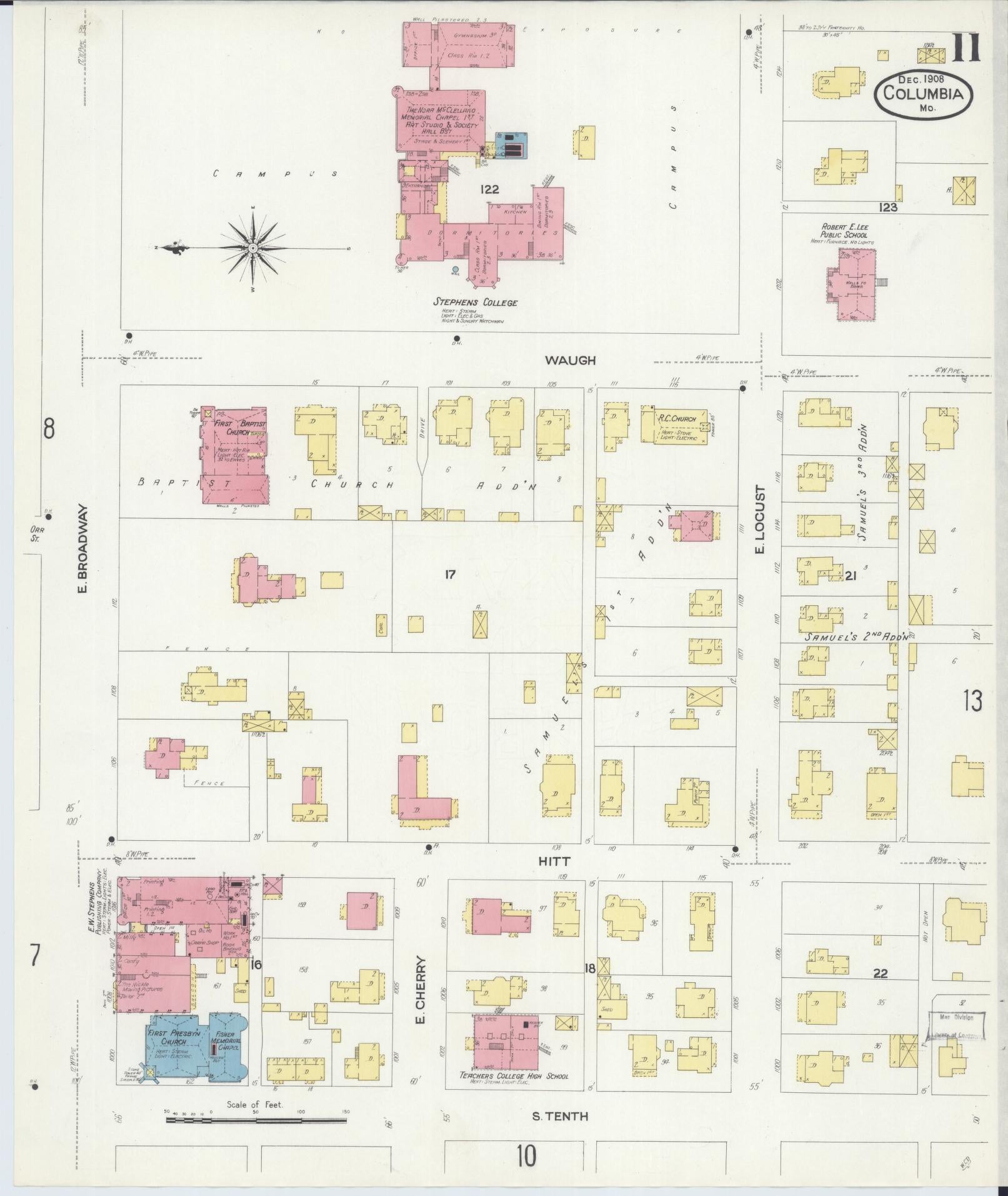 Sanborn Fire Insurance Map from Columbia, Boone County, Missouri (1908), Sheet #0011 - Complete Map Set gallery image, historic Sanborn map, vintage wall art, Missouri Missouri