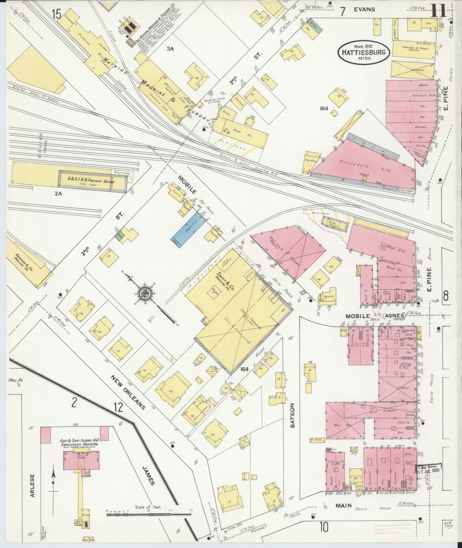 Sanborn Fire Insurance Map from Hattiesburg, Forrest County, Mississippi (1910), Sheet #0011 - Historic Sanborn Fire Insurance Map Print, vintage old map wall art, antique decor, genealogy gift, Mississippi Mississippi map