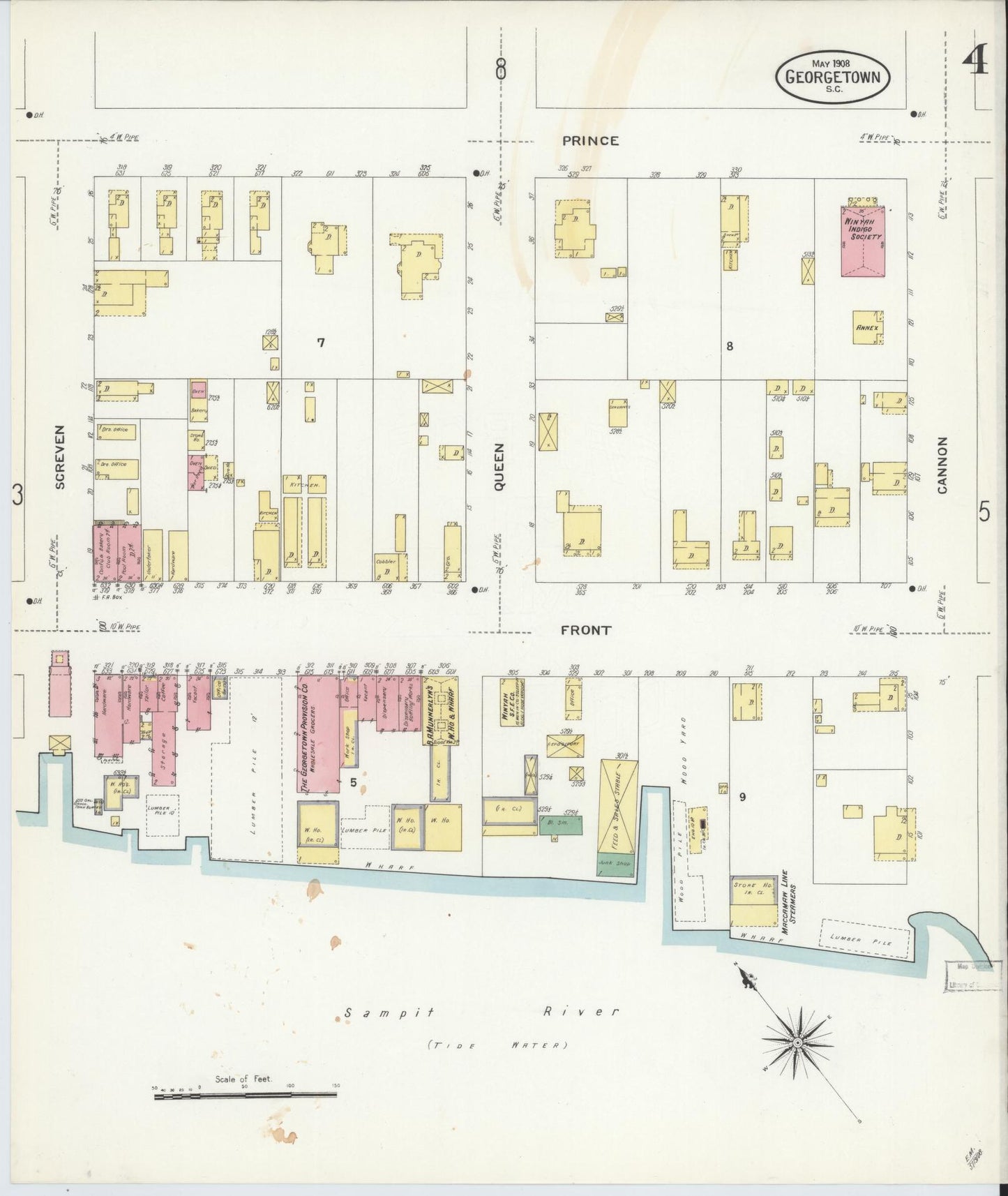 Sanborn Fire Insurance Map from Georgetown, Georgetown County, South Carolina (1908), Sheet #0004 - Historic Sanborn Fire Insurance Map Print, vintage old map wall art, antique decor, genealogy gift, South Carolina South Carolina map