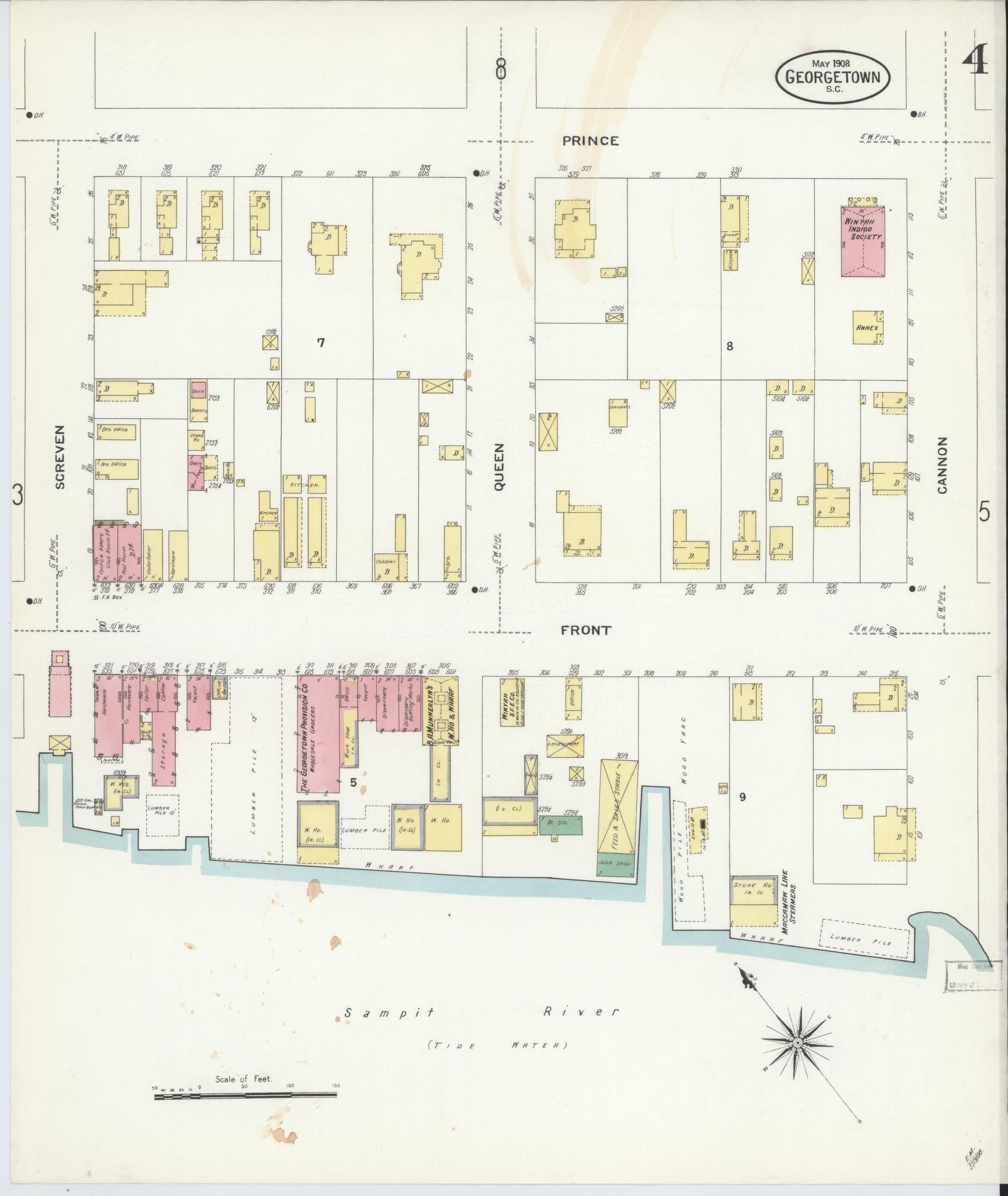 Sanborn Fire Insurance Map from Georgetown, Georgetown County, South Carolina (1908), Sheet #0004 - Historic Sanborn Fire Insurance Map Print, vintage old map wall art, antique decor, genealogy gift, South Carolina South Carolina map
