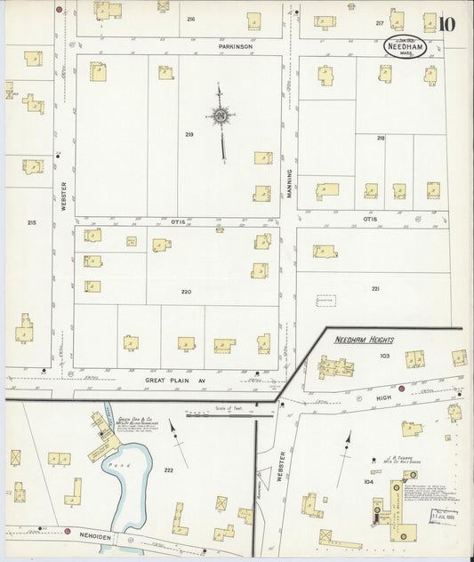 Sanborn Fire Insurance Map from Needham, Norfolk County, Massachusetts (1912), Sheet #0010 - Historic Sanborn Fire Insurance Map Print, vintage old map wall art, antique decor, genealogy gift, Massachusetts Massachusetts map