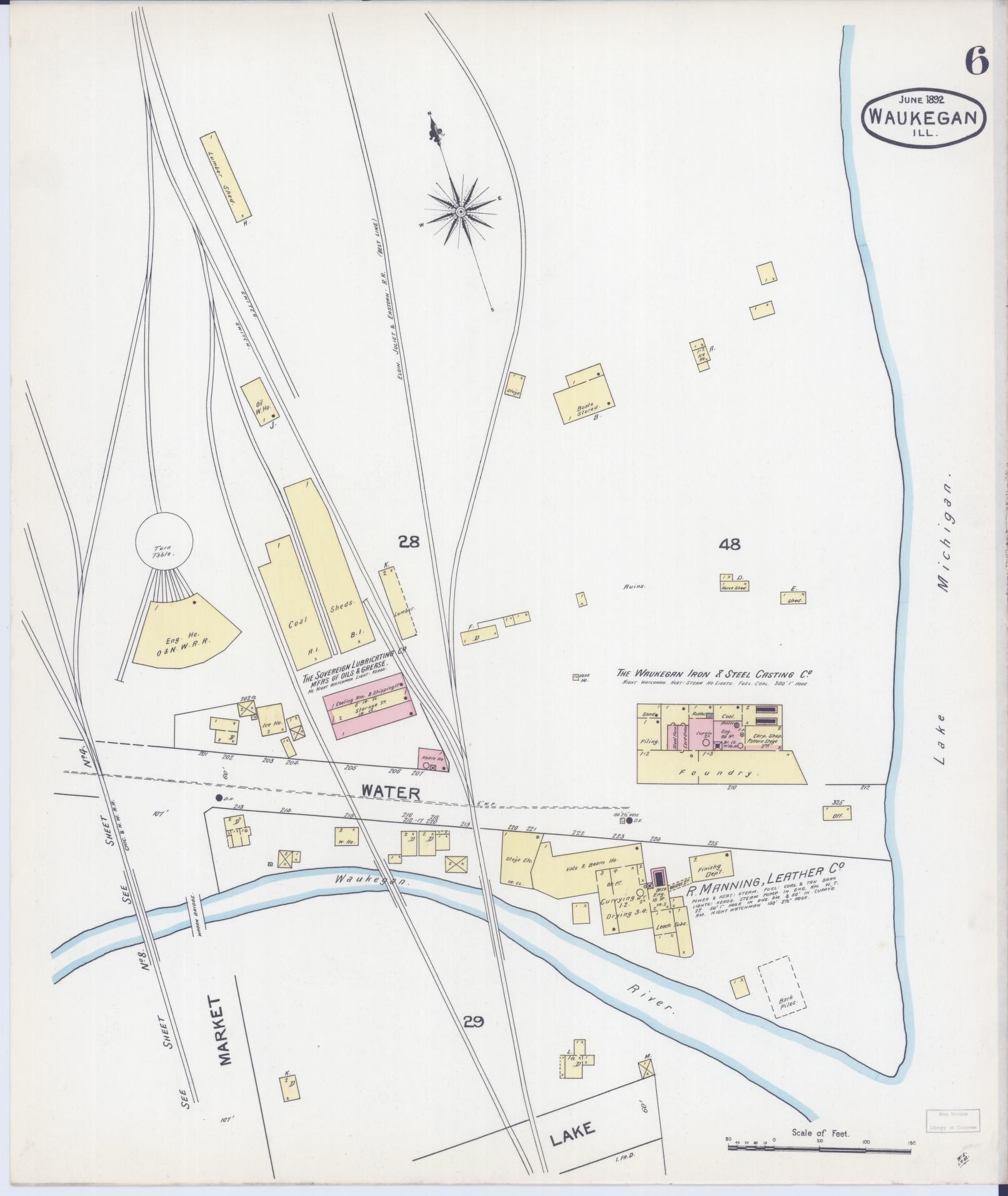 Sanborn Fire Insurance Map from Waukegan, Lake County, Illinois (1892), Sheet #0006 - Complete Map Set gallery image, historic Sanborn map, vintage wall art, Illinois Illinois