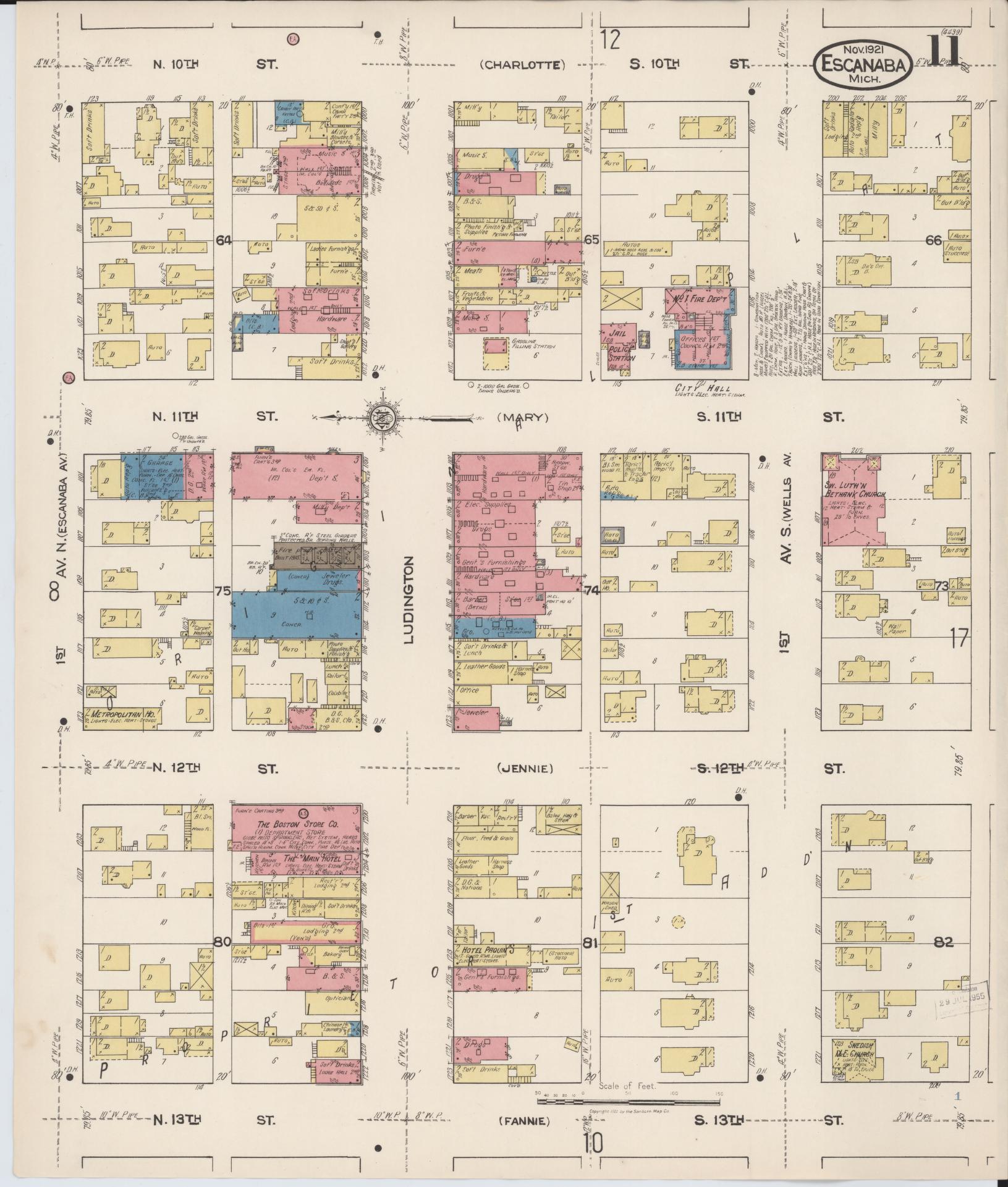 Sanborn Fire Insurance Map from Escanaba, Delta County, Michigan (1921), Sheet #0011 - Complete Map Set gallery image, historic Sanborn map, vintage wall art, Michigan Michigan