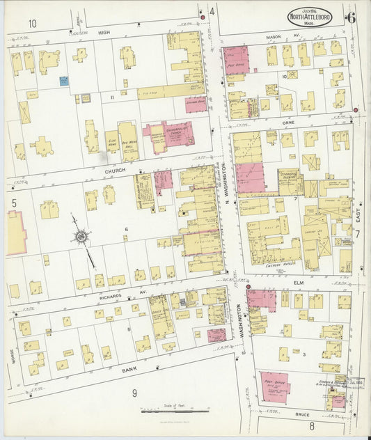 Sanborn Fire Insurance Map from North Attleborough, Bristol County, Massachusetts (1916), Sheet #0006 - Historic Sanborn Fire Insurance Map Print, vintage old map wall art, antique decor, genealogy gift, Massachusetts Massachusetts map