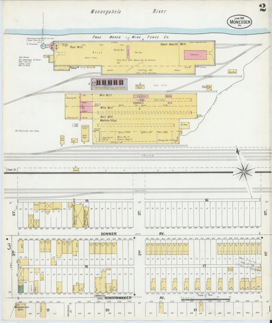 Sanborn Fire Insurance Map from Monessen, Westmoreland County, Pennsylvania (1901), Sheet #0002 - Historic Sanborn Fire Insurance Map Print, vintage old map wall art, antique decor, genealogy gift, Pennsylvania Pennsylvania map