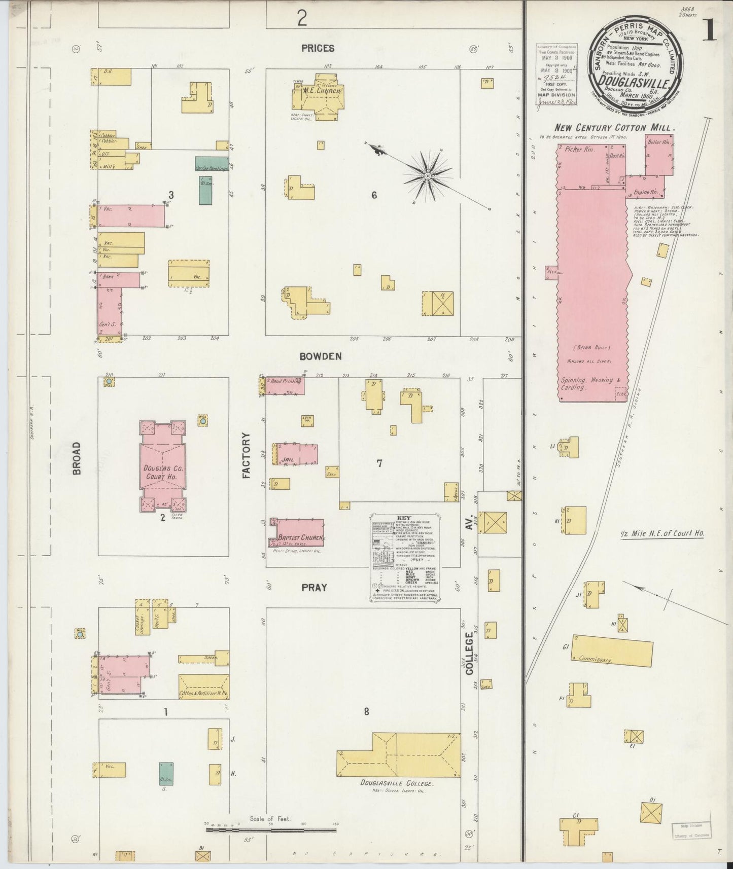 Sanborn Fire Insurance Map from Douglasville, Douglas County, Georgia (1900), Sheet #0001 - Complete Map Set gallery image, historic Sanborn map, vintage wall art, Georgia Georgia
